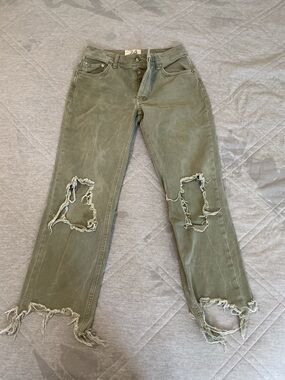 We The Free Olive Green Distressed Straight-Leg Jeans
